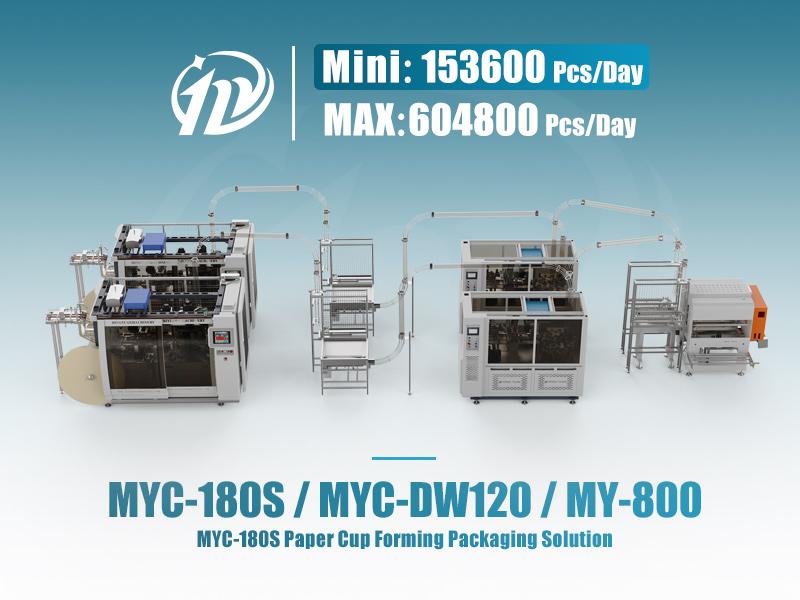 Two MYC-180S Paper Cup Machines with MYC-DW120 Sleeve Machines and MY-800 P
