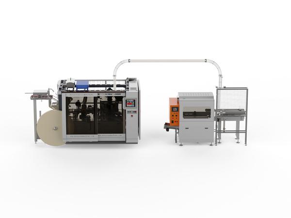 MYC-180S Paper Cup Machine and MY-JC001 Quality Inspection Machine connect MY-800 Packing Machine solution