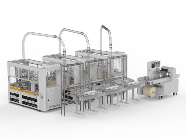 Three OCM12 paper cup machines connect MY-450X packaging machine connecting solution