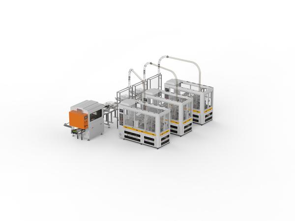 Three OCM12 paper cup machines connect MY-800 packaging machine connecting solution