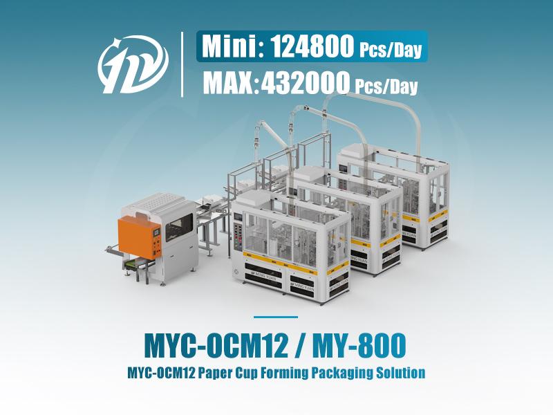 Three MYC-OCM12 Paper Cup Machines connect MY-800 Packing Machine Production Line Catalog