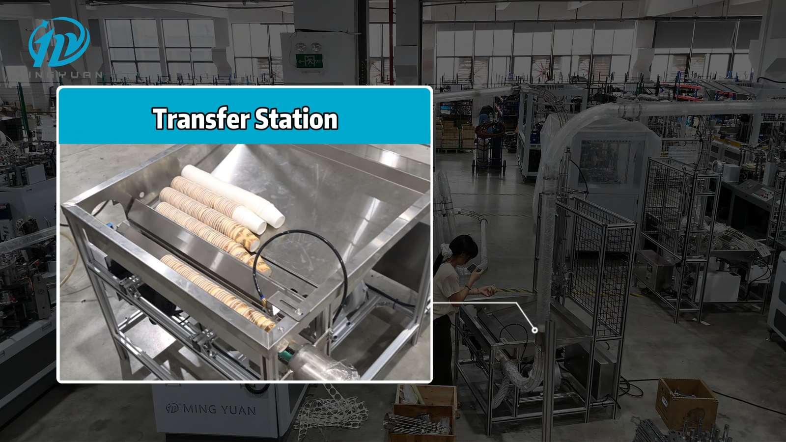 Transfer station holding printed inner cups before sleeving
